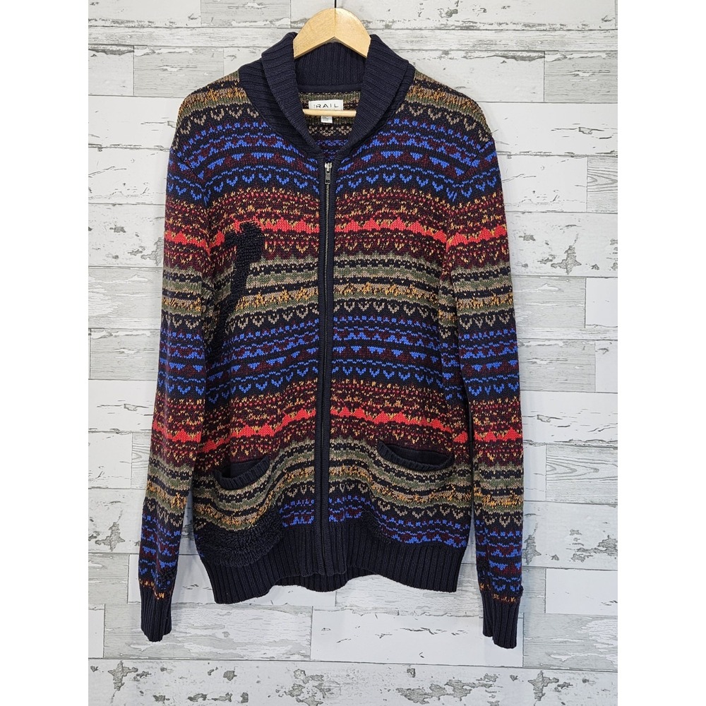 The Rail Mens Fair Isle Full Zip Cardigan Sweater Multicolor Shawl Collar Large